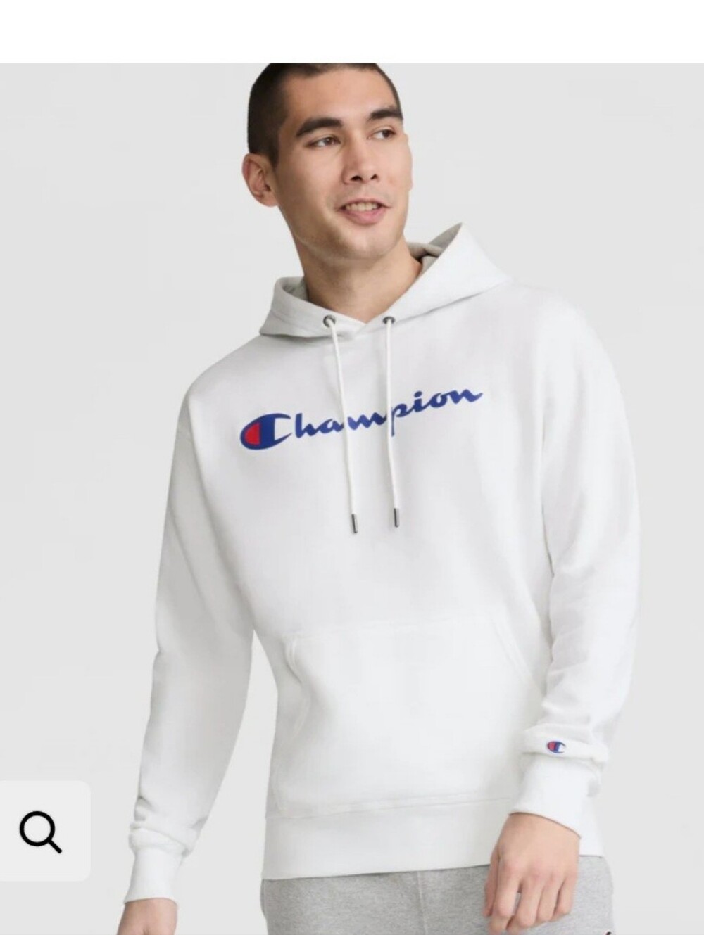 Champion Powerblend Men’s White Hoodie with Blue Logo